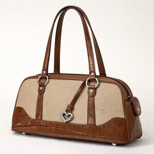 Brighton Two-Tone Leather Shoulder Bag Tan Brown Croc Trim Heart Charm